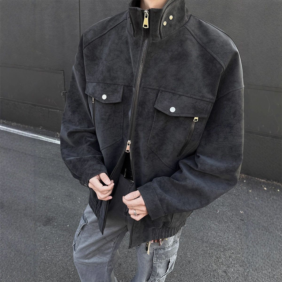 Mens PU Leather Jacket Stand Collar Workwear Style