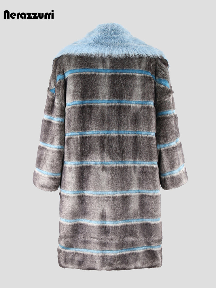 Nerazzurri Winter Oversized Striped Thick Warm Patchwork Faux Fur Coat Women with Big Collar and Pockets Luxury Designer Clothes