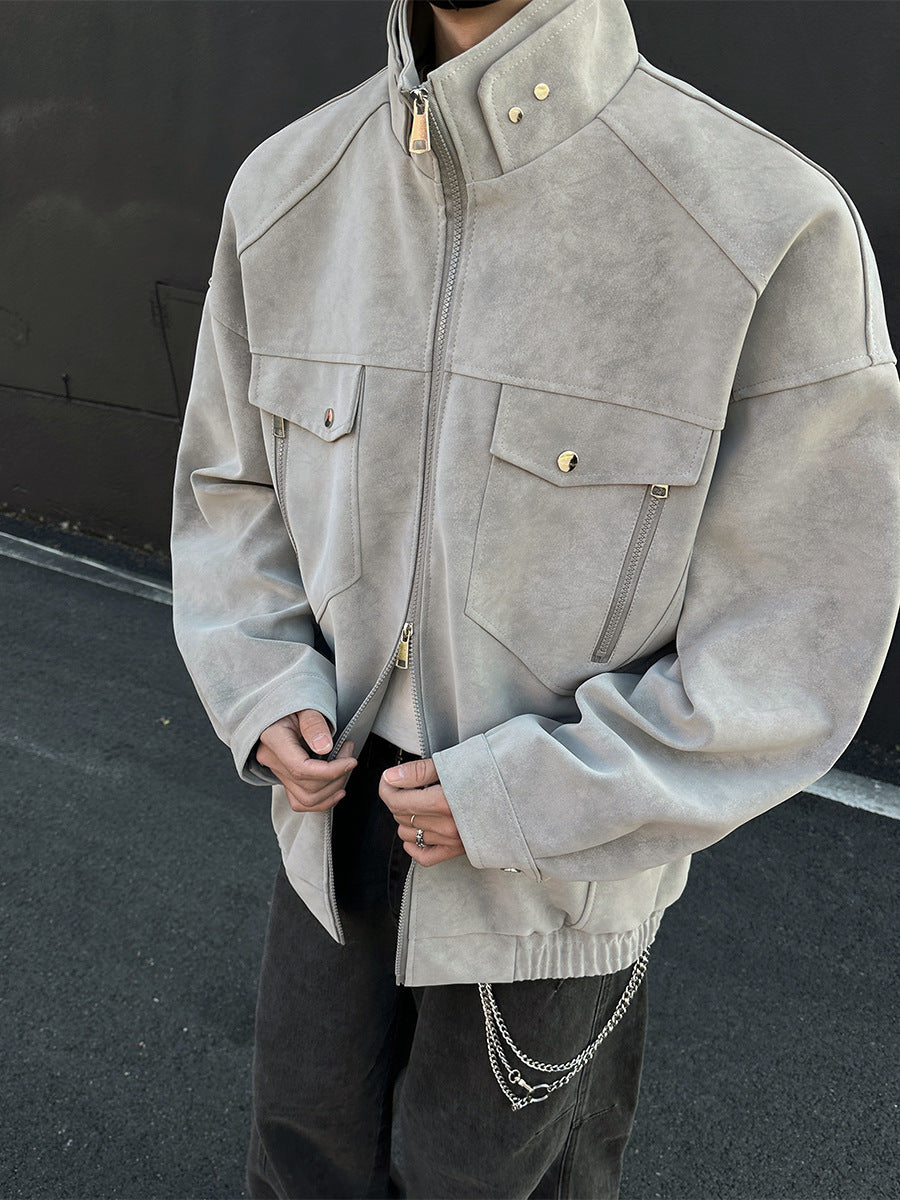 Mens PU Leather Jacket Stand Collar Workwear Style