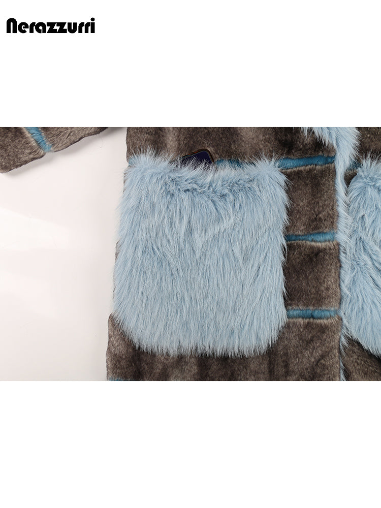 Nerazzurri Winter Oversized Striped Thick Warm Patchwork Faux Fur Coat Women with Big Collar and Pockets Luxury Designer Clothes