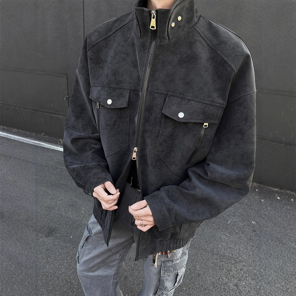 Mens PU Leather Jacket Stand Collar Workwear Style