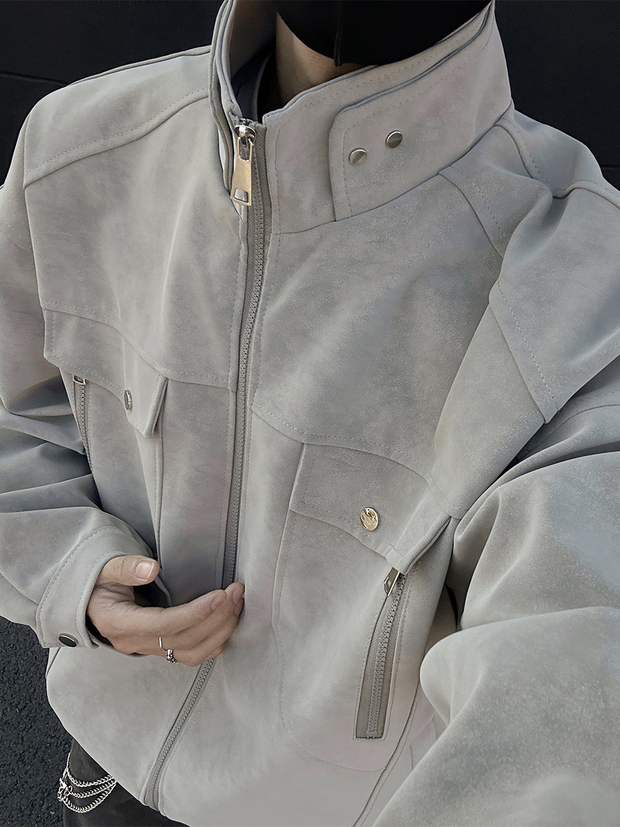 Mens PU Leather Jacket Stand Collar Workwear Style