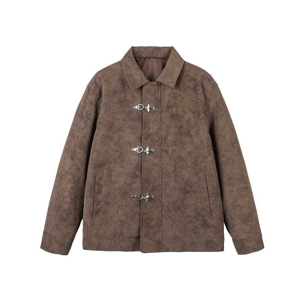 Distressed Metal Plane Buckle Loose Versatile PU Leather Jacket