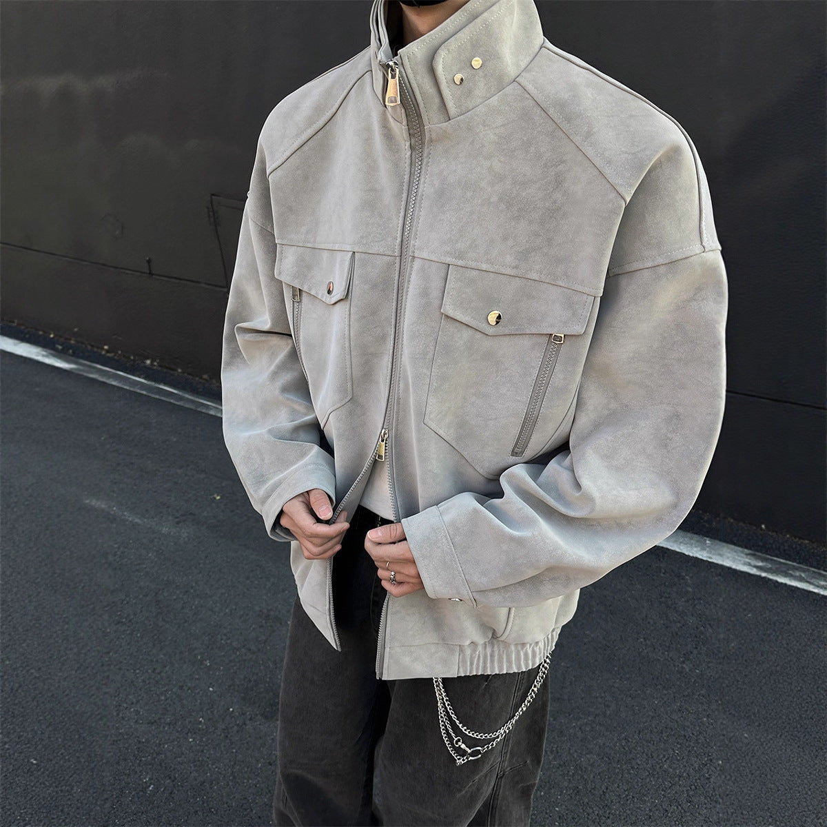 Mens PU Leather Jacket Stand Collar Workwear Style