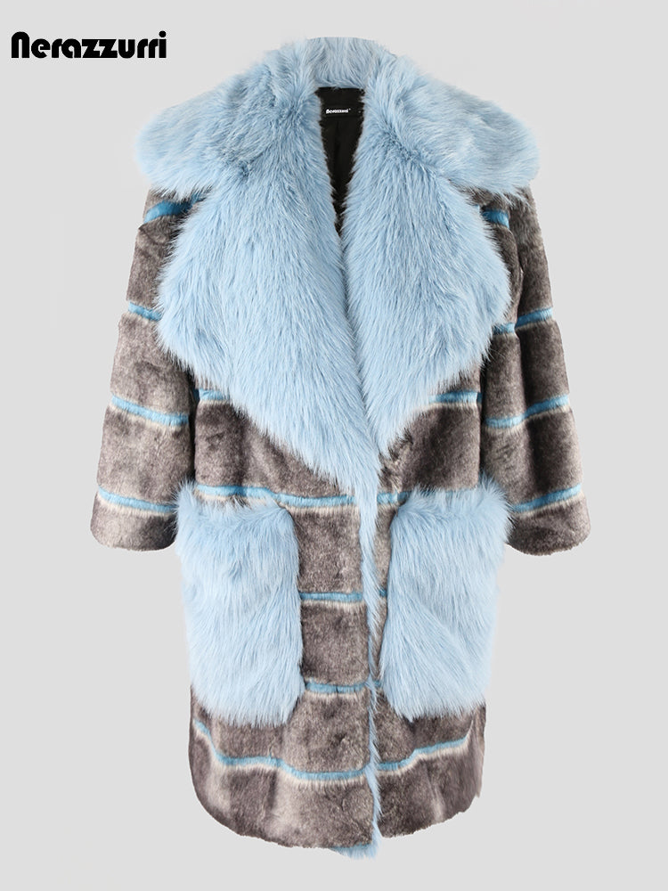 Nerazzurri Winter Oversized Striped Thick Warm Patchwork Faux Fur Coat Women with Big Collar and Pockets Luxury Designer Clothes