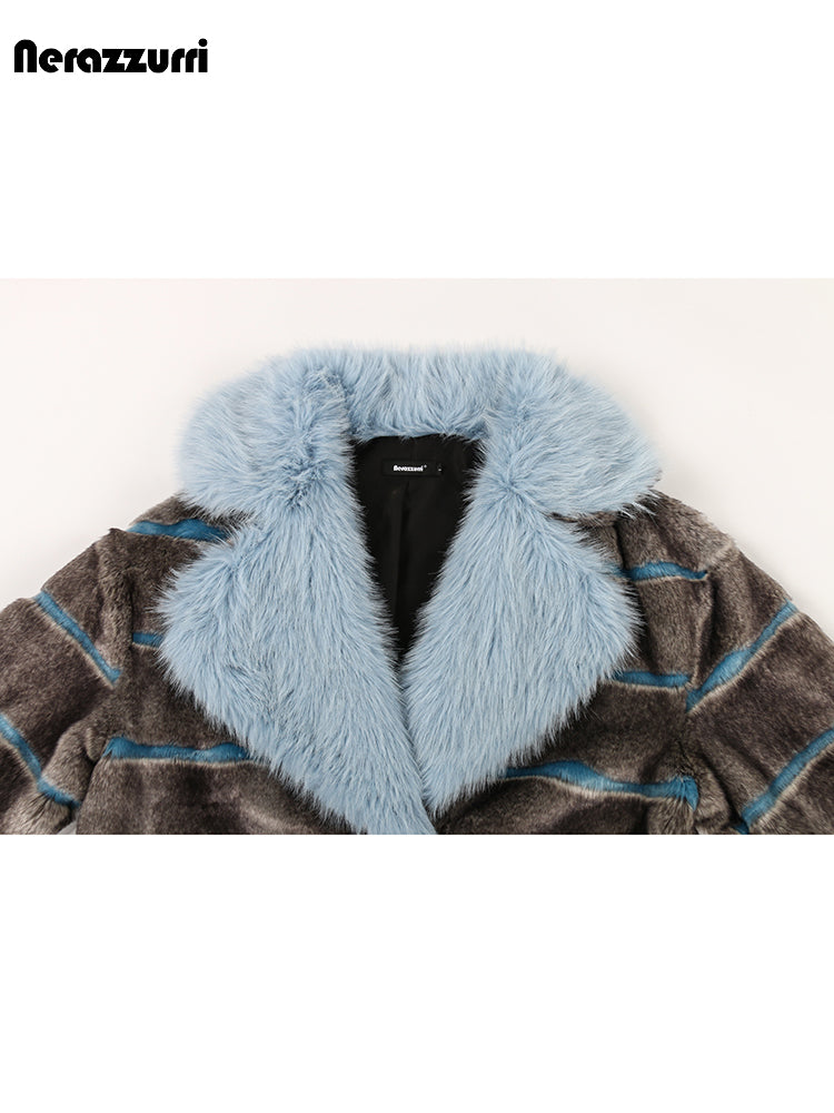 Nerazzurri Winter Oversized Striped Thick Warm Patchwork Faux Fur Coat Women with Big Collar and Pockets Luxury Designer Clothes
