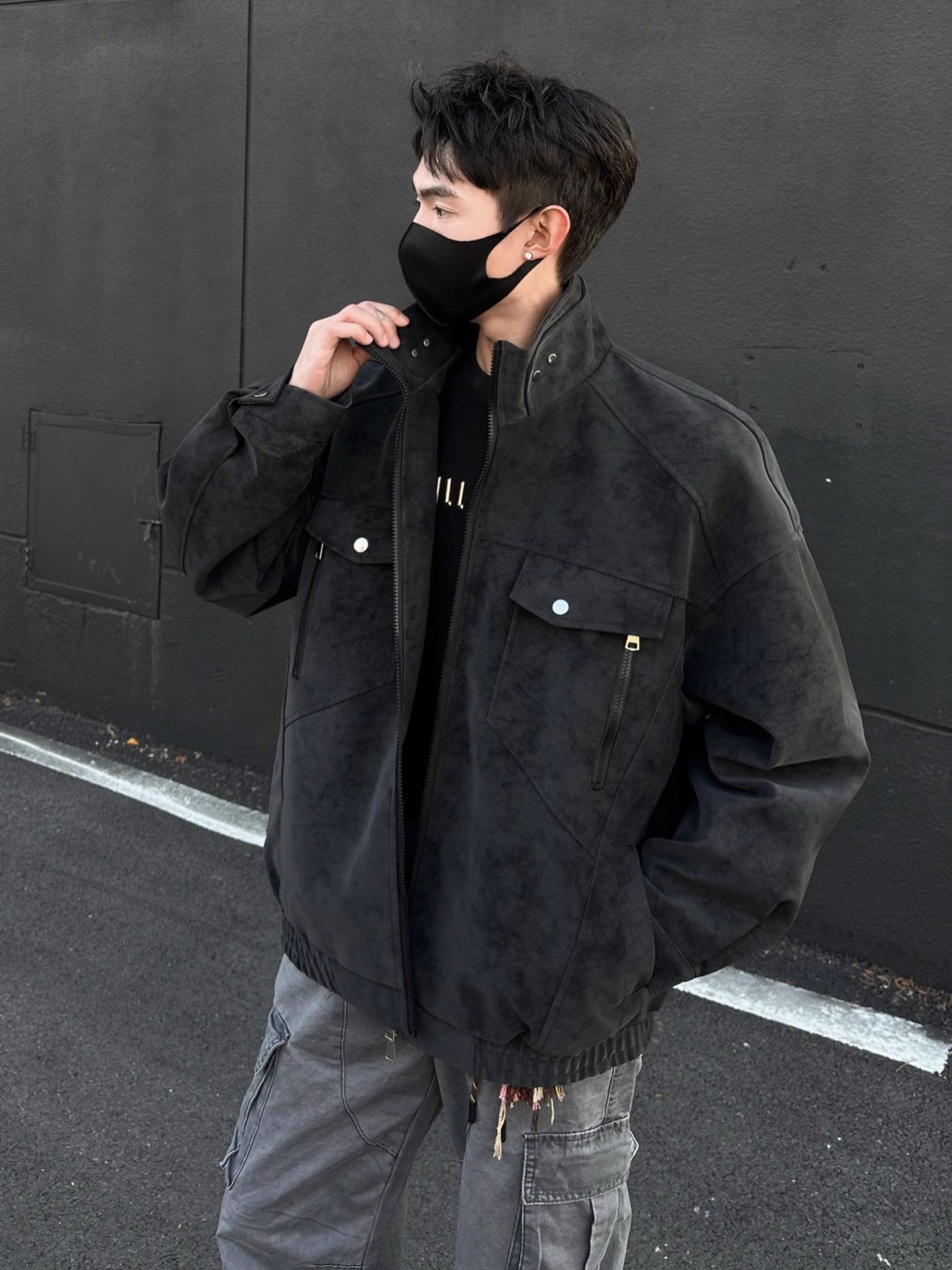 Mens PU Leather Jacket Stand Collar Workwear Style