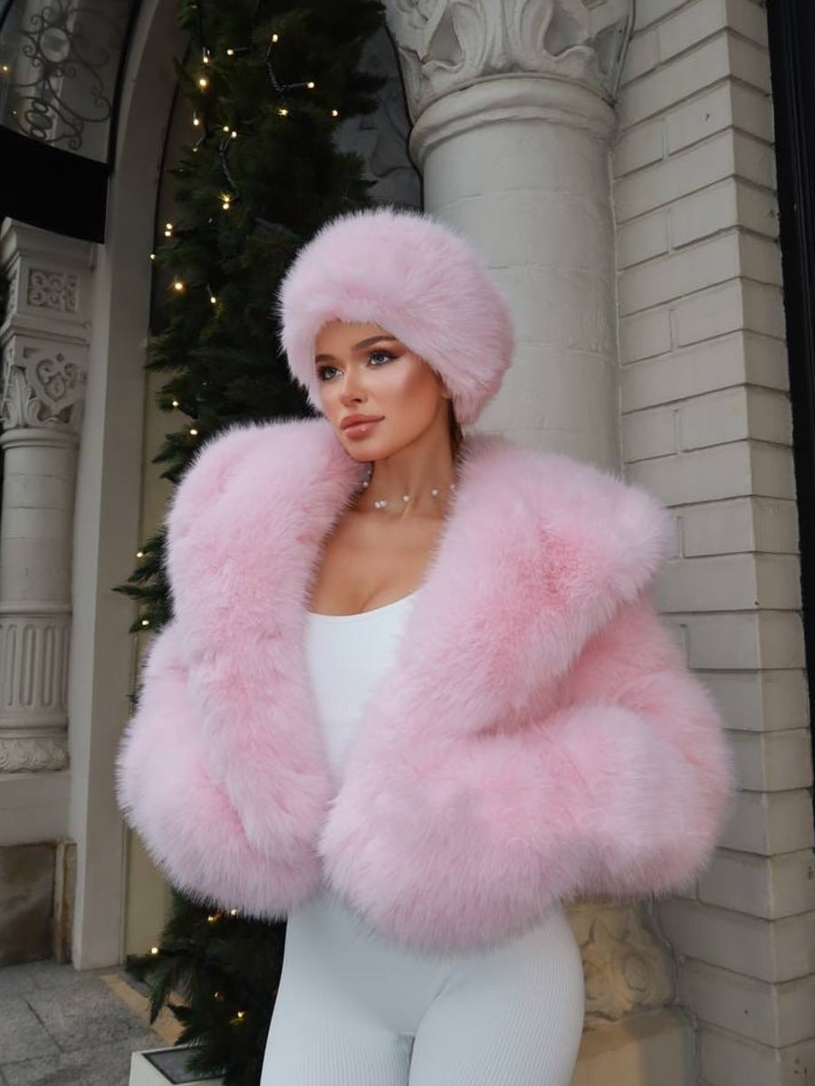Pink Faux Fur Hooded Jacket for Women