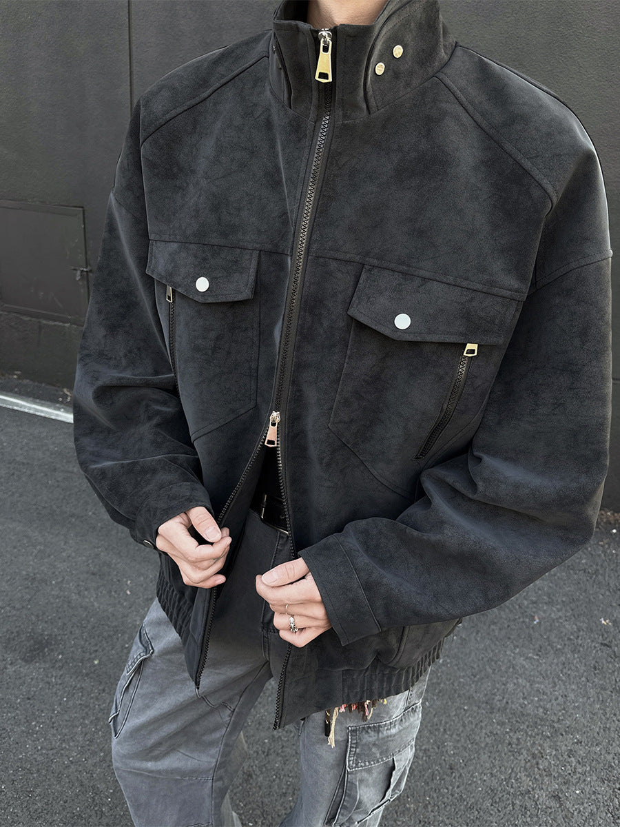 Mens PU Leather Jacket Stand Collar Workwear Style